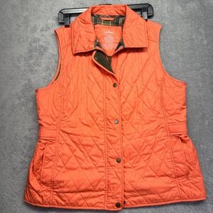 LLBean Quilted Vest Coral Plaid Lined Snap Button Pockets Women Regular